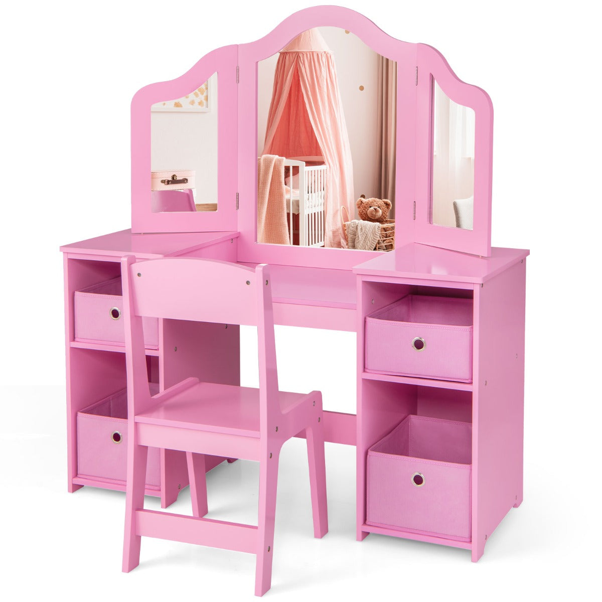 LIVSK Kinderkaptafel en Schrijftafel - 2-in-1 met 3 Afneembare Spiegels - Ergonomische Stoel - Opbergruimte - Roze/Wit