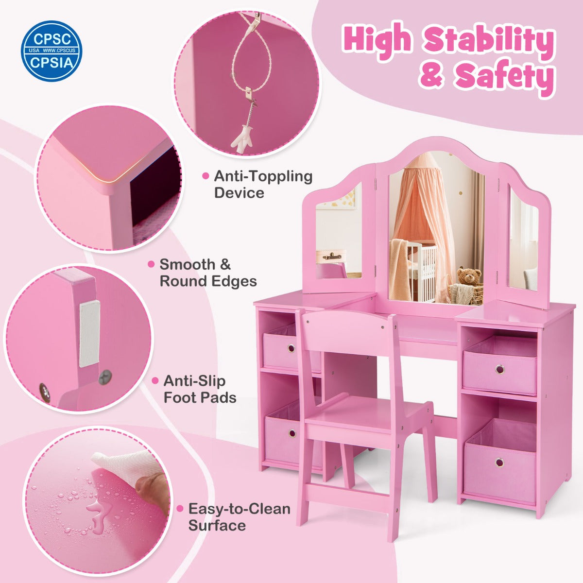 LIVSK Kinderkaptafel en Schrijftafel - 2-in-1 met 3 Afneembare Spiegels - Ergonomische Stoel - Opbergruimte - Roze/Wit