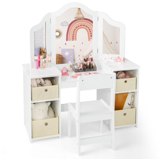LIVSK Kinderkaptafel en Schrijftafel - 2-in-1 Ontwerp - 3 Spiegels - Opbergruimte - Veiligheidsvoorzieningen - Roze/Wit