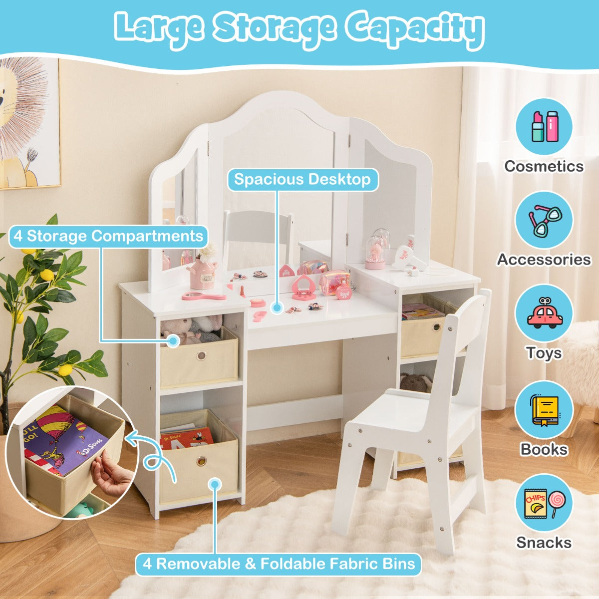 LIVSK Kinderkaptafel en Schrijftafel - 2-in-1 Ontwerp - 3 Spiegels - Opbergruimte - Veiligheidsvoorzieningen - Roze/Wit
