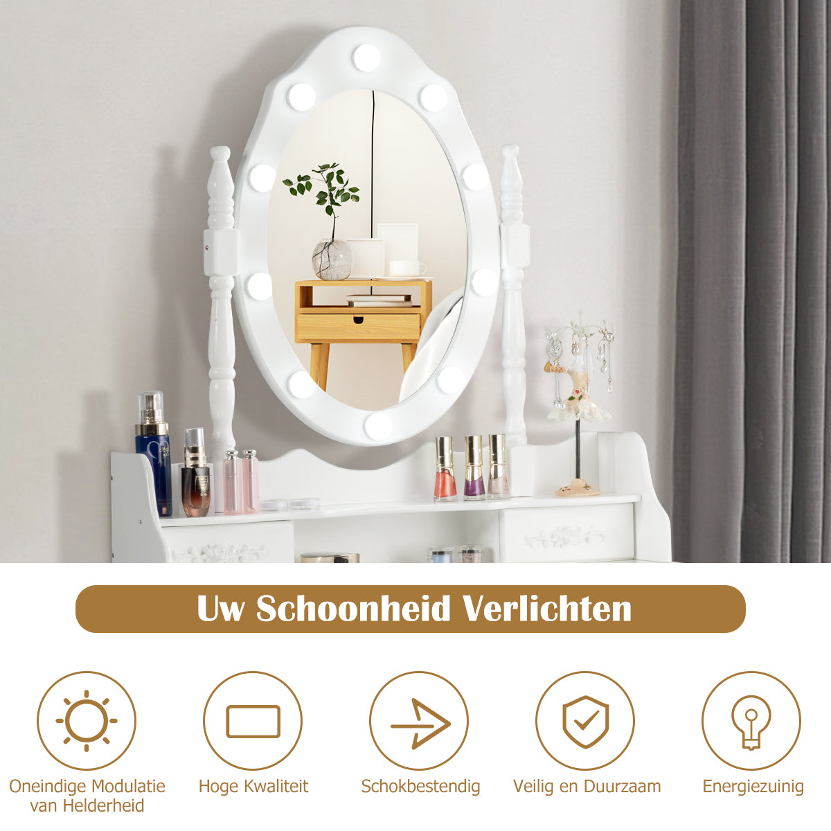 LIVSK Kaptafel met Dimbare LED-verlichting - Ovale Spiegel met 360° Draaifunctie - Veel Opbergruimte - Wit