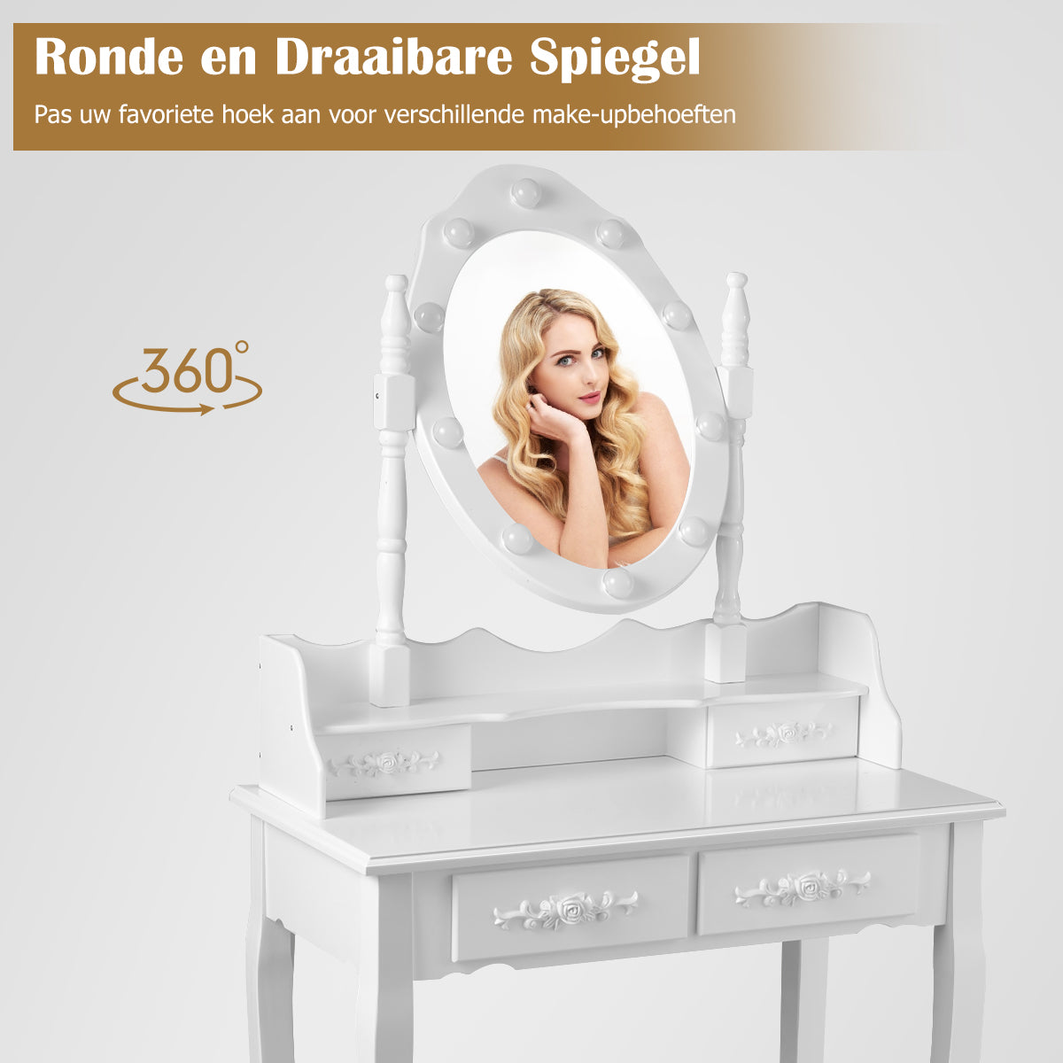 LIVSK Kaptafel met Dimbare LED-verlichting - Ovale Spiegel met 360° Draaifunctie - Veel Opbergruimte - Wit