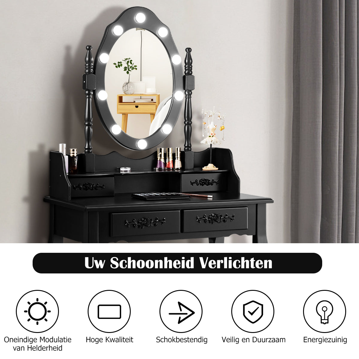 LIVSK Kaptafel met Ovale Spiegel en LED-Verlichting - Waterdicht MDF - Veel Opbergruimte - Comfortabele Kruk - Zwart