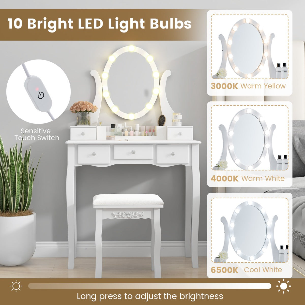 LIVSK Kaptafelset met LED Spiegel en Gevoerde Kruk - 10 Lampen - 3 Kleurmodi - 5 Laden - Duurzaam - 80 x 40 x 137 cm - Wit