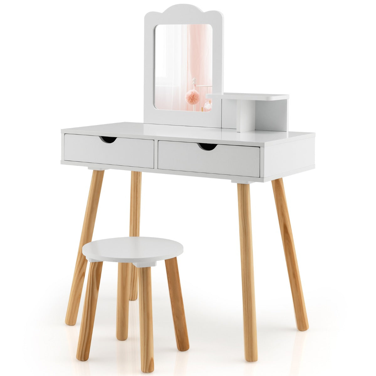 LIVSK 2-in-1 Kinderkaptafelset - Afneembare Spiegel - Ruime Opbergruimte - Duurzaam MDF en Grenenhout - Ideaal voor Kinderen - Wit