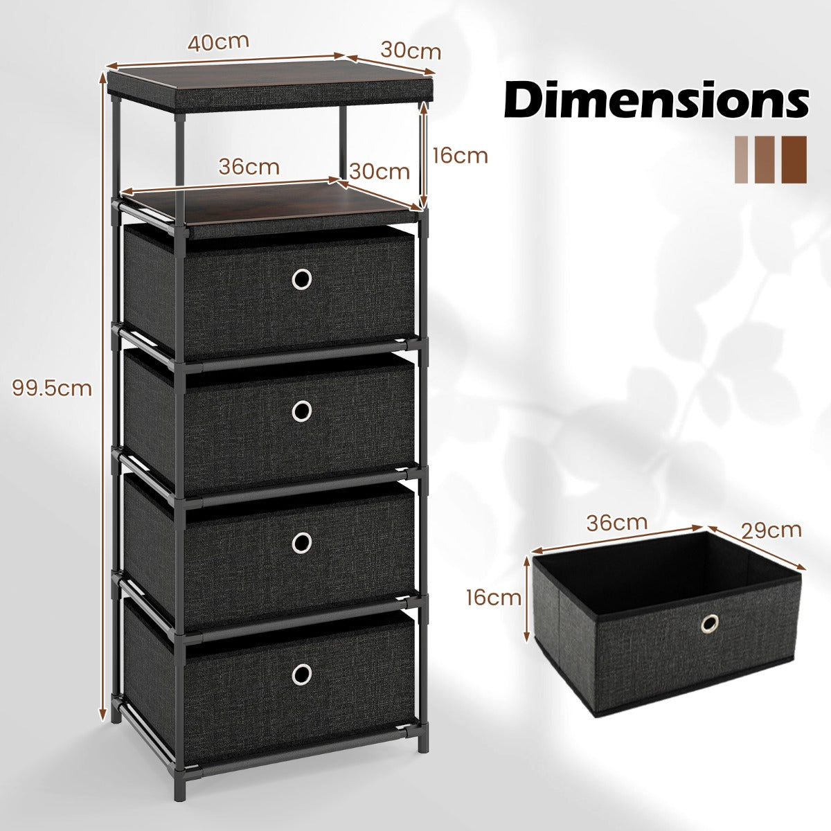 LIVSK Opvouwbare Commode - 4 Uitneembare Lades - Werkblad en Extra Plank - Stabiele Constructie - 40 x 30 x 99,5 cm - Rustiek