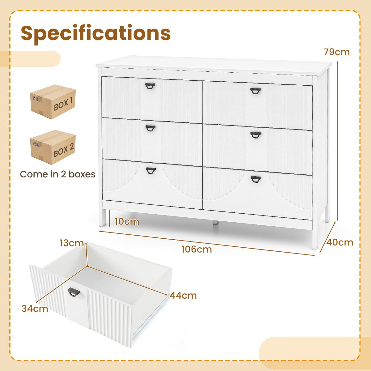 LIVSK Opbergkast met 6 Lades - MDF Constructie - Hoogwaardige Metalen Rails - Antislip Voetbeschermers - 106 x 40 x 79 cm - Wit