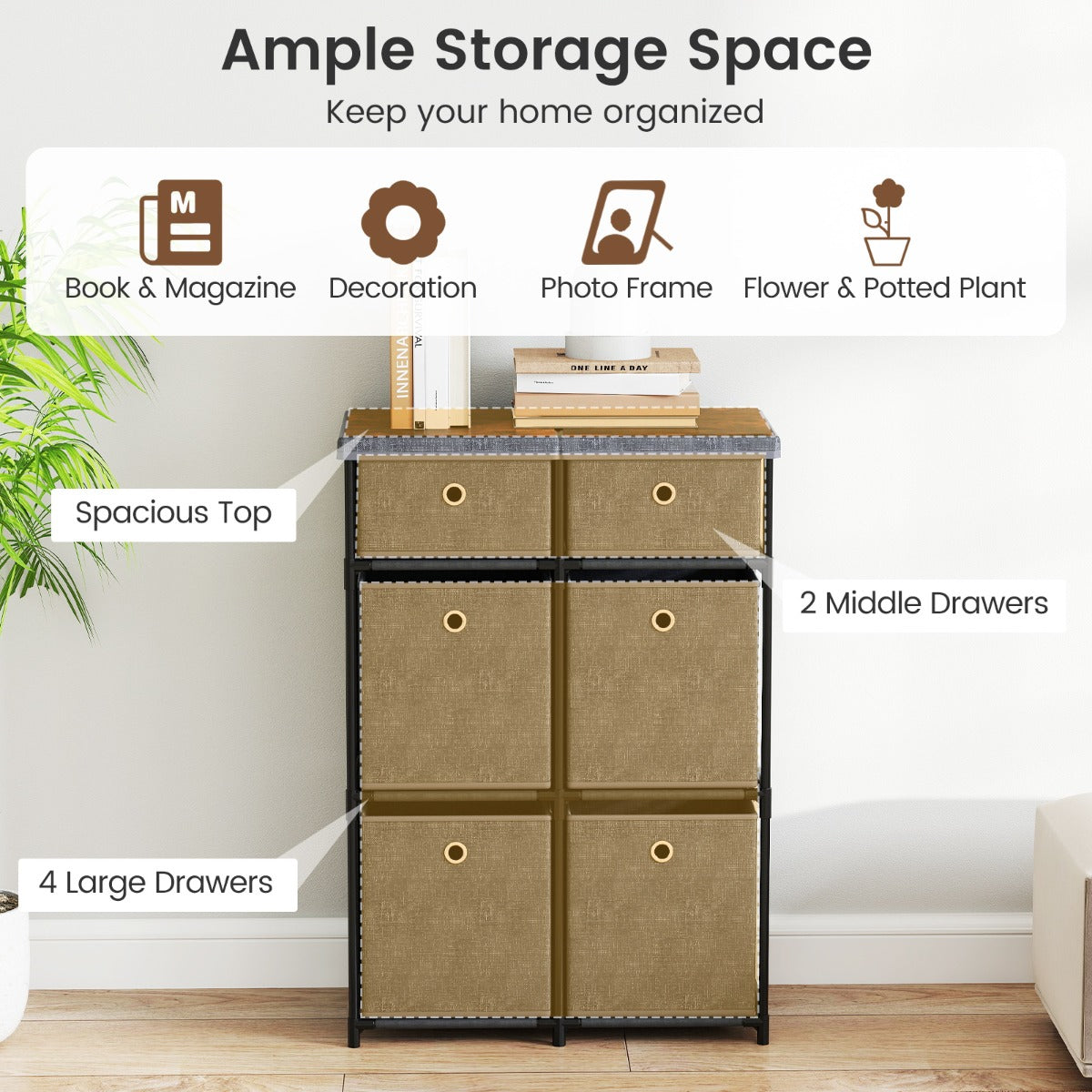 LIVSK Commode met 6 Lades - Metalen Frame - Ruim Werkblad - Multifunctioneel - Eenvoudige Montage - Grijs