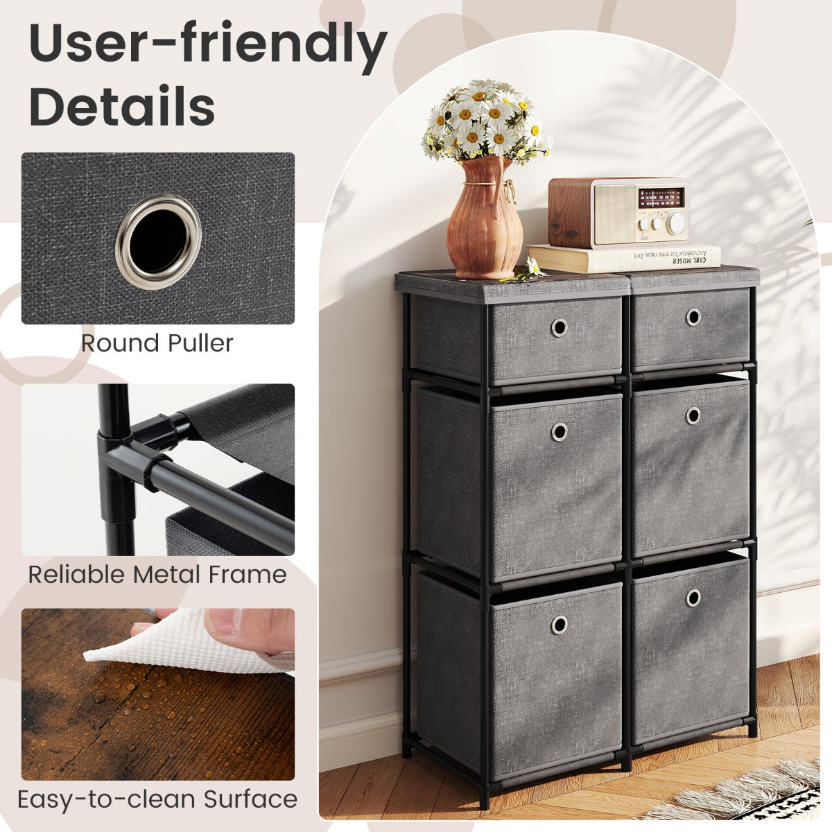 LIVSK Commode met 6 Lades - Metalen Frame - Ruim Werkblad - Multifunctioneel - Eenvoudige Montage - Grijs