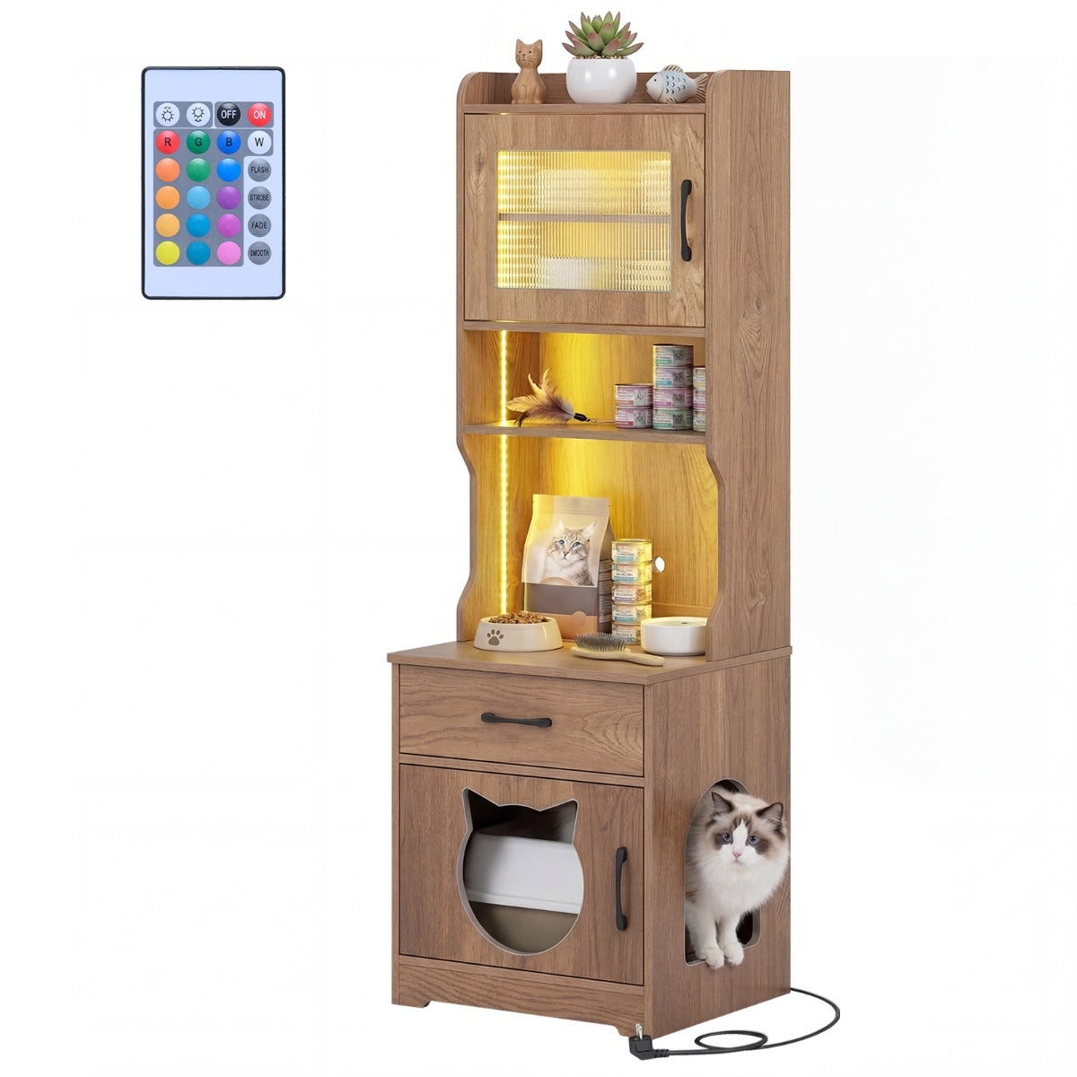 Livsk costway kast voor kattenbak met verstelbare ledverlichting verborgen meubel met toilet van 152 cm hoog met planken naturel 1