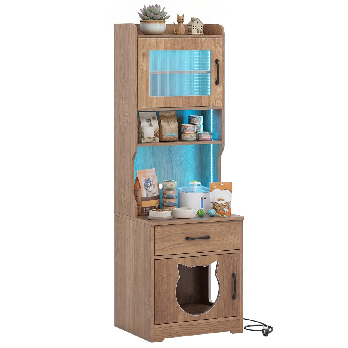Livsk costway kast voor kattenbak met verstelbare ledverlichting verborgen meubel met toilet van 152 cm hoog met planken naturel