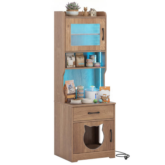 Livsk costway kast voor kattenbak met verstelbare ledverlichting verborgen meubel met toilet van 152 cm hoog met planken naturel