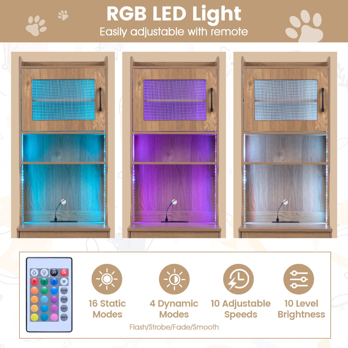 Livsk costway kast voor kattenbak met verstelbare ledverlichting verborgen meubel met toilet van 152 cm hoog met planken naturel