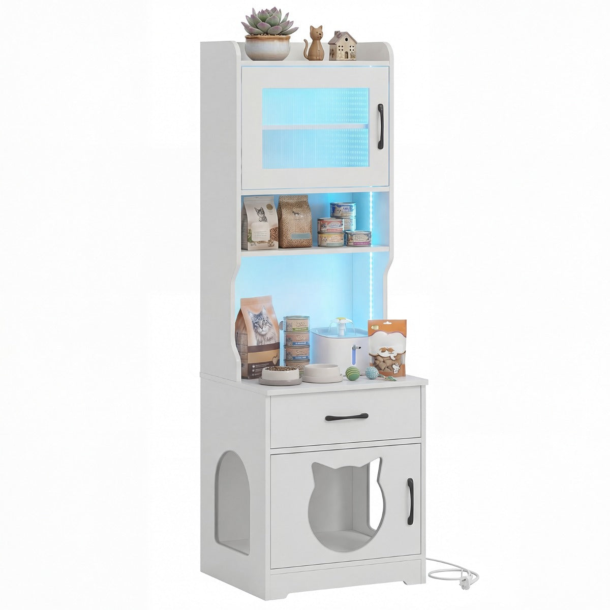 Livsk costway kast voor kattenbak met verstelbare ledverlichting verborgen meubel met toilet van 152 cm hoog met planken wit