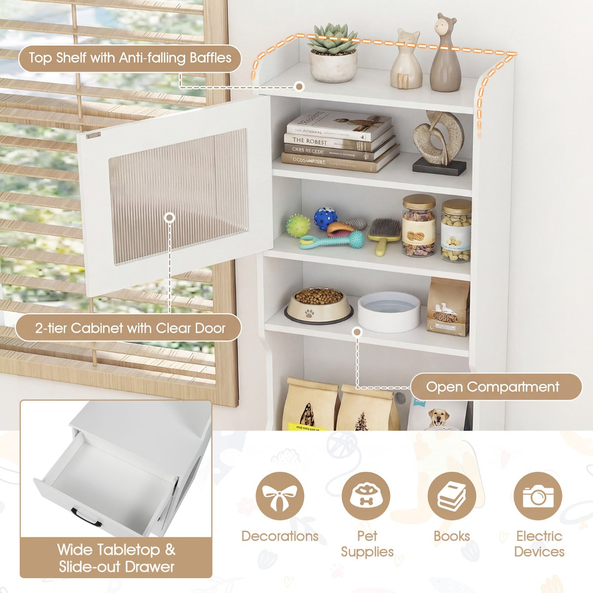 Livsk costway kast voor kattenbak met verstelbare ledverlichting verborgen meubel met toilet van 152 cm hoog met planken wit