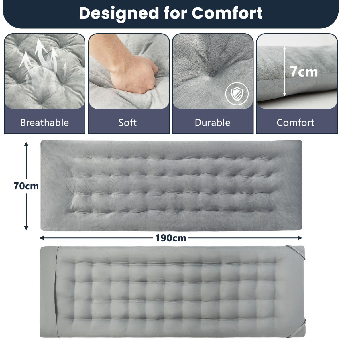 LIVSK Veldbedkussen - Hoogwaardig Kristal-Fluweel - Ademend en Ondersteunend - Met Bevestigingsbanden - 190 x 70 cm - Grijs