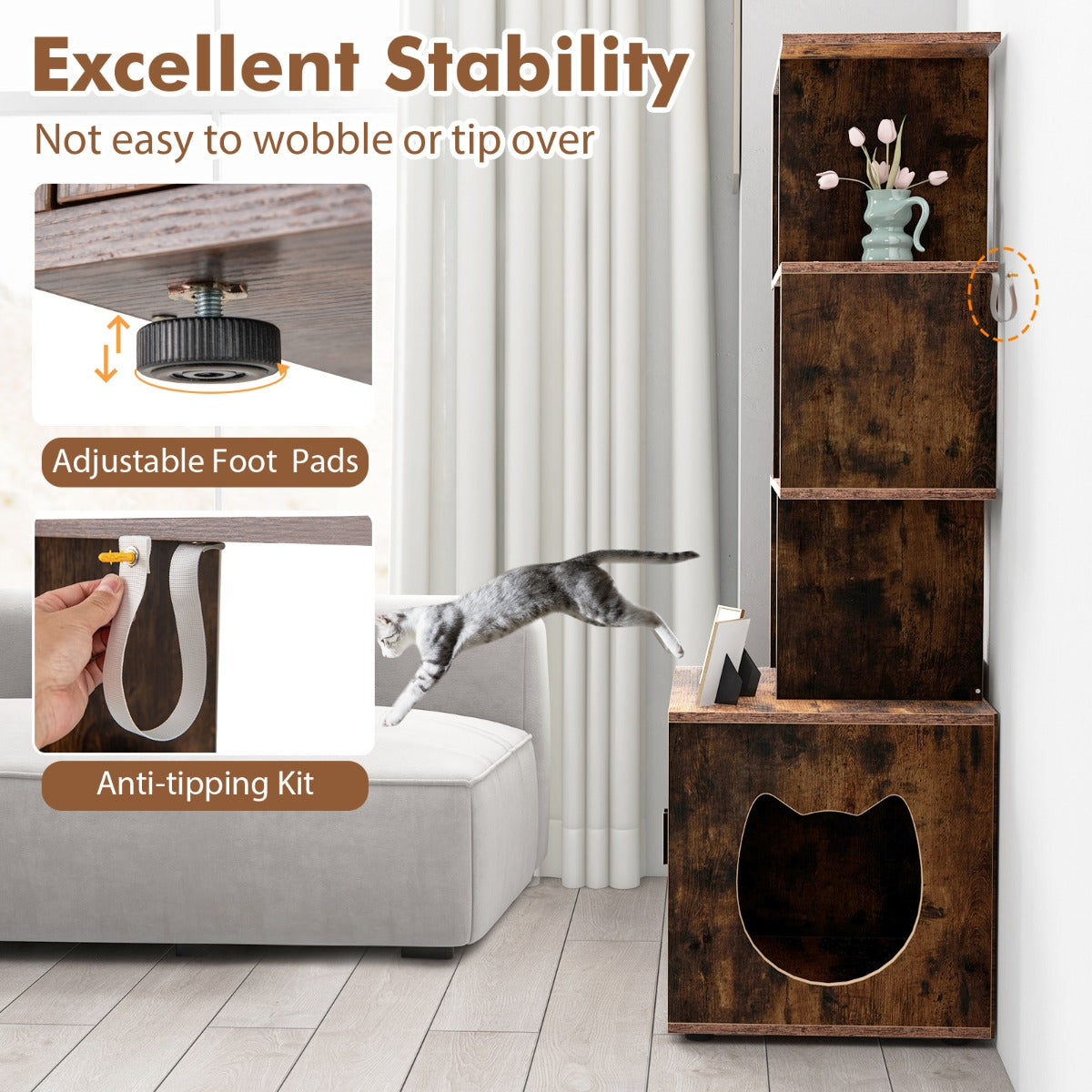 LIVSK Kattenbakkast met 3 Schappen - Ventilatieopeningen - Anti-kantelset - Stabiel en Stijlvol - Rustiek bruin