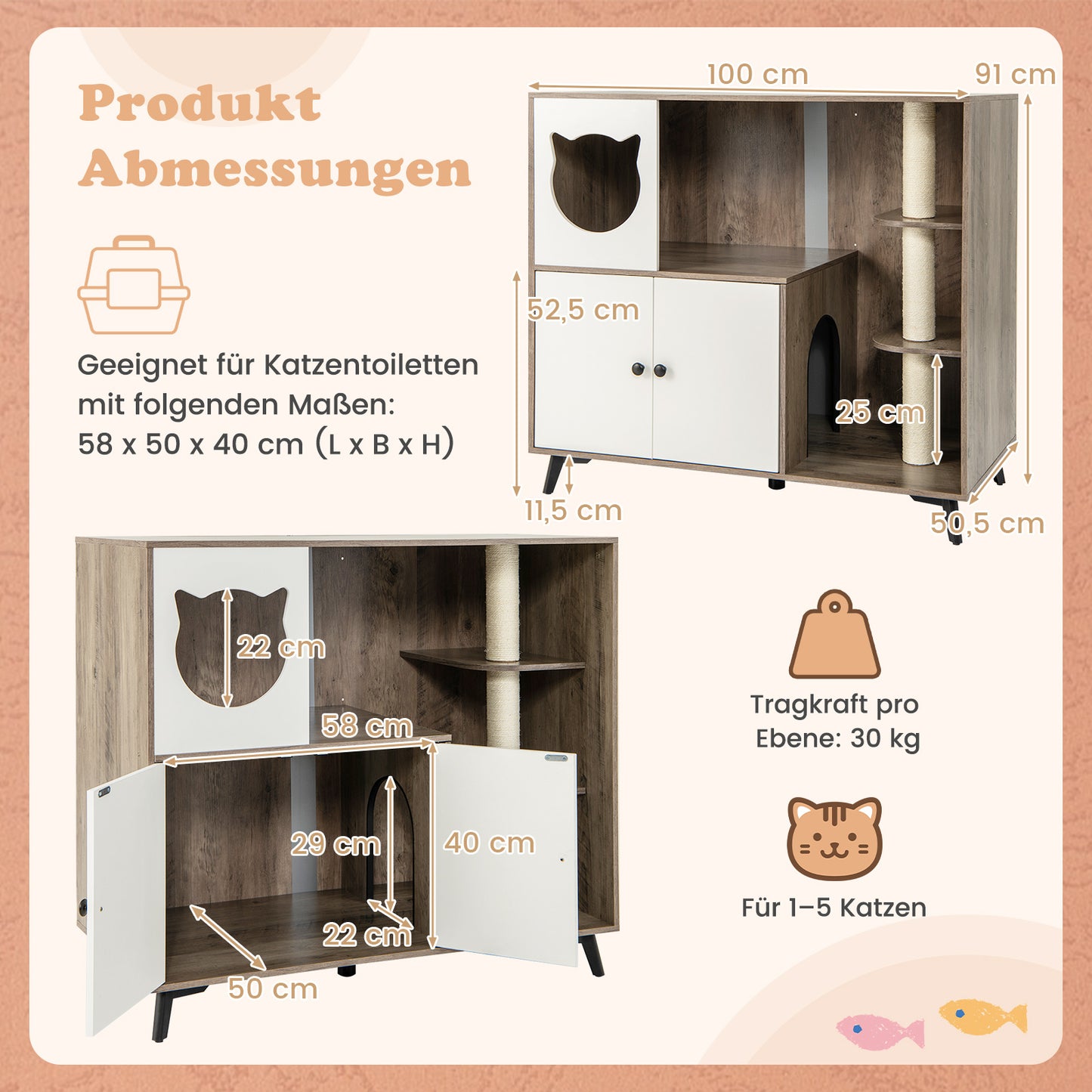 LIVSK Kattenrefugium met 3 Krabpalen - Verborgen Kattenbak - Dubbele Deuren - 100 x 51 x 91 cm - Grijs+Wit