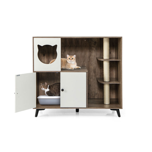 LIVSK Kattenrefugium met 3 Krabpalen - Verborgen Kattenbak - Dubbele Deuren - 100 x 51 x 91 cm - Grijs+Wit
