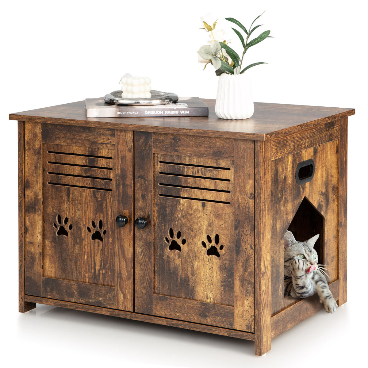 LIVSK Multifunctionele Kattenbak en Bijzettafel - 3-in-1 Design - Privacy voor je Kat - Vintage Stijl - Eenvoudige Reiniging -
