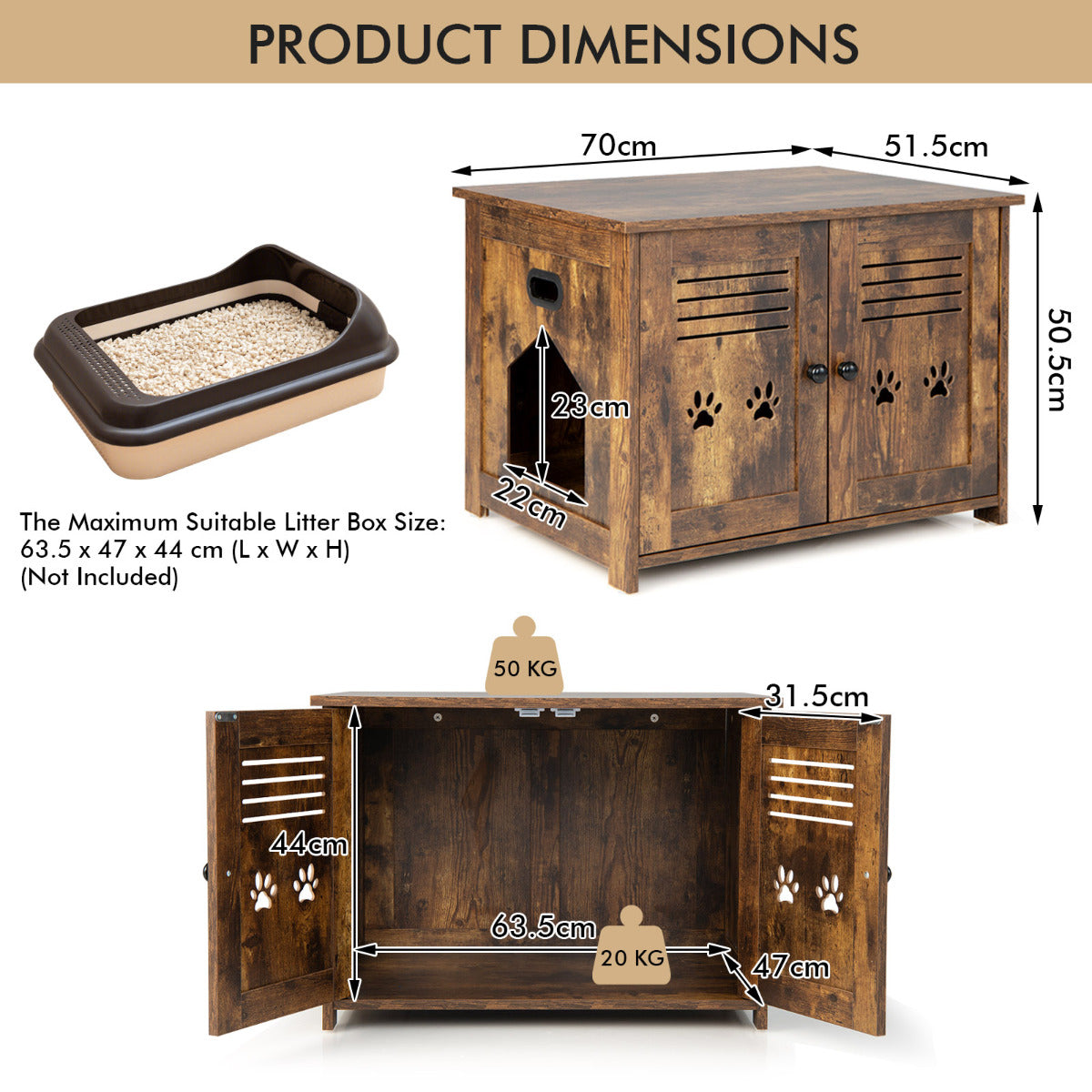 LIVSK Multifunctionele Kattenbak en Bijzettafel - 3-in-1 Design - Privacy voor je Kat - Vintage Stijl - Eenvoudige Reiniging -