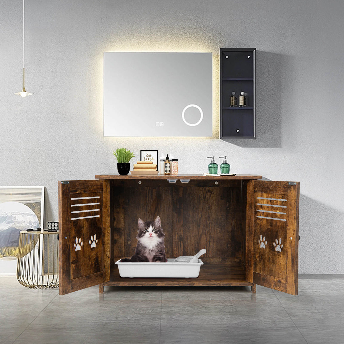 LIVSK Multifunctionele Kattenbak en Bijzettafel - 3-in-1 Design - Privacy voor je Kat - Vintage Stijl - Eenvoudige Reiniging -