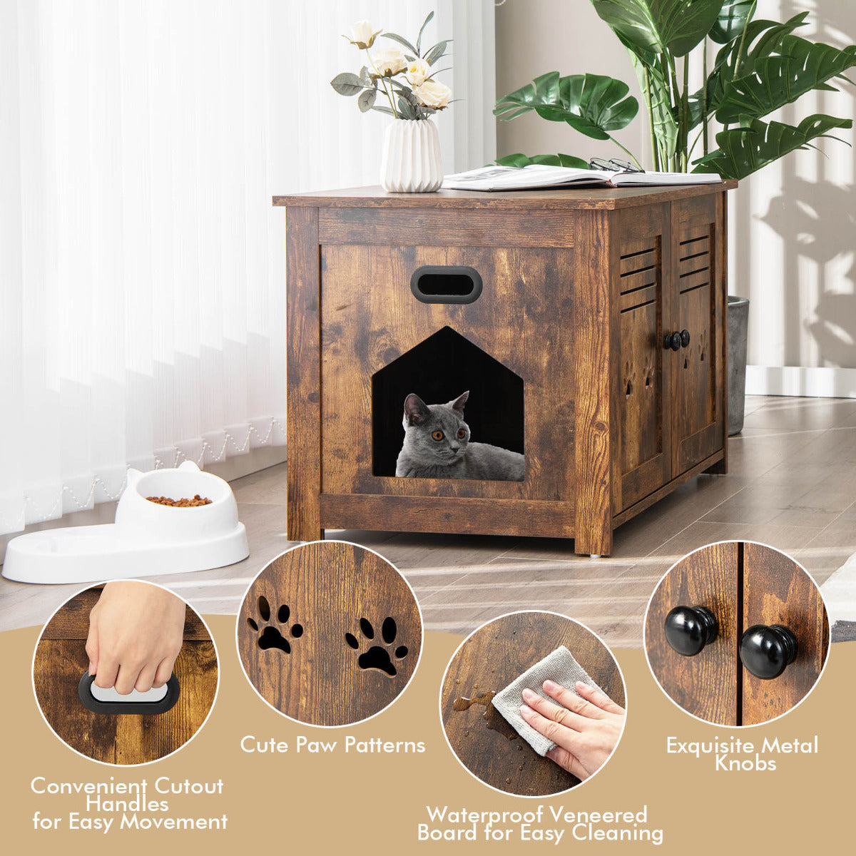 LIVSK Multifunctionele Kattenbak en Bijzettafel - 3-in-1 Design - Privacy voor je Kat - Vintage Stijl - Eenvoudige Reiniging -