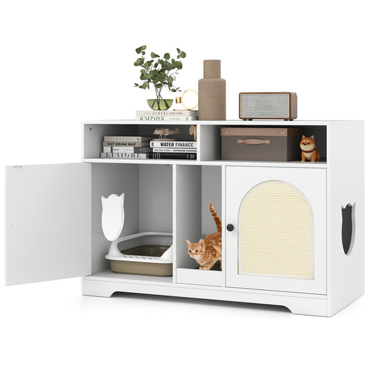 LIVSK Dubbele Kattenkast - Voor 2 Katten - Afgesloten Ontwerp - Bijzettafel en Opbergruimte - 108 x 50,5 x 73,5 cm - Wit