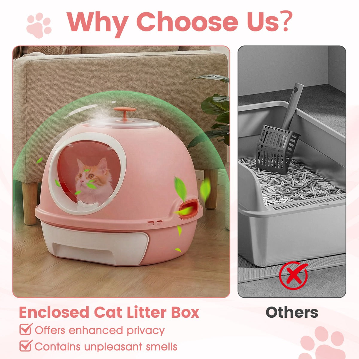 Livsk costway kattenbak met deksel volledig gesloten kattenbak in helikopterstijl met opening aan de voorkant en klapdeksel roze 5