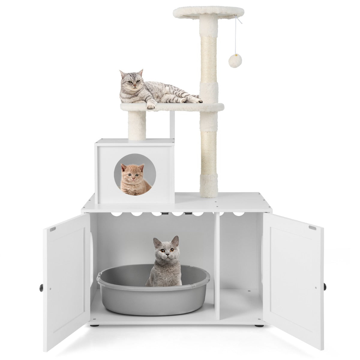 LIVSK Kattenhuis en Kattenboom - Inclusief Kattenbak en Speelplatforms - Anti-kantelmechanisme - Wit