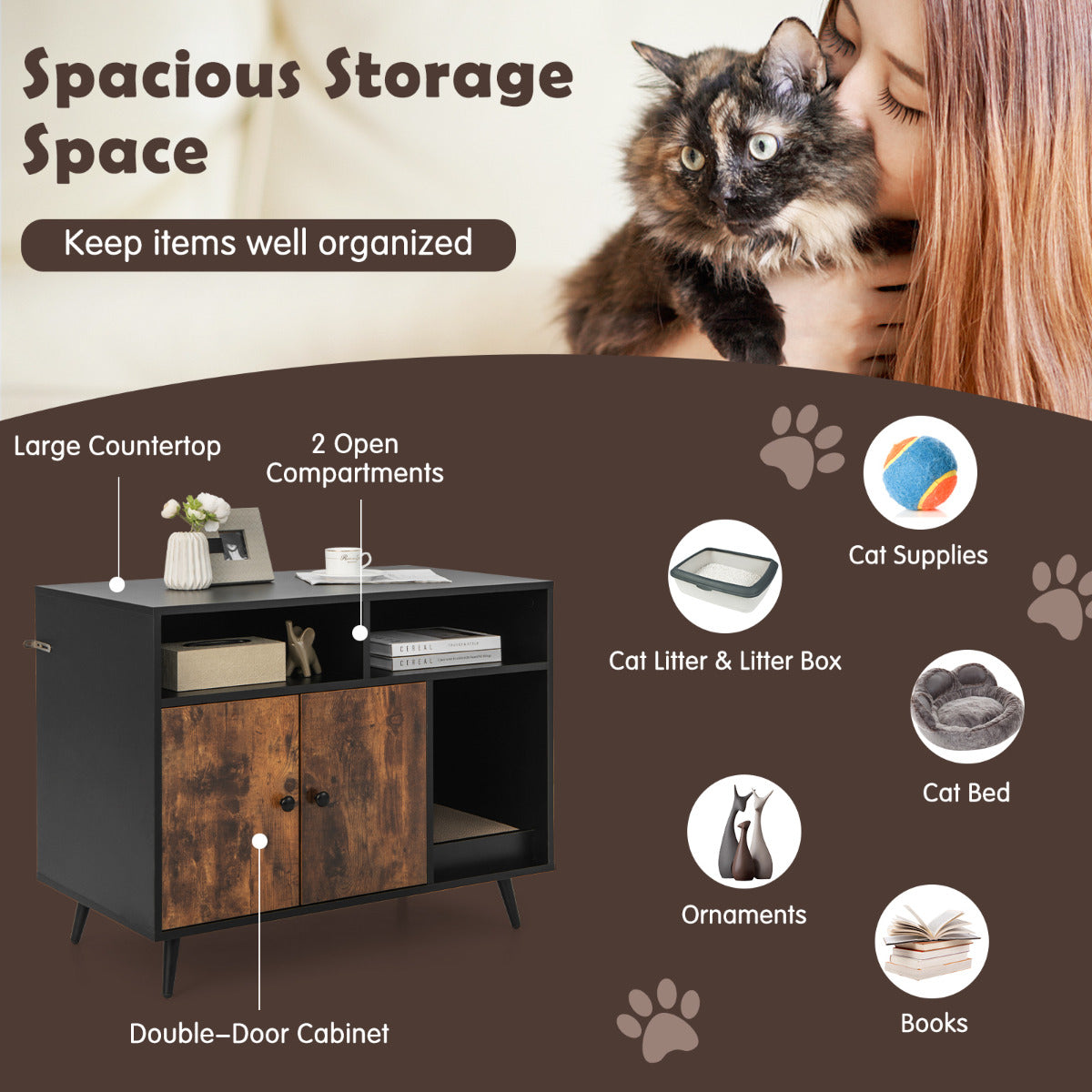 LIVSK Houten Kattenkast - Ruime Opbergruimte met 2 Open Vakken - Katvriendelijk Ontwerp - 90 x 50 x 70 cm - Zwart + Bruin