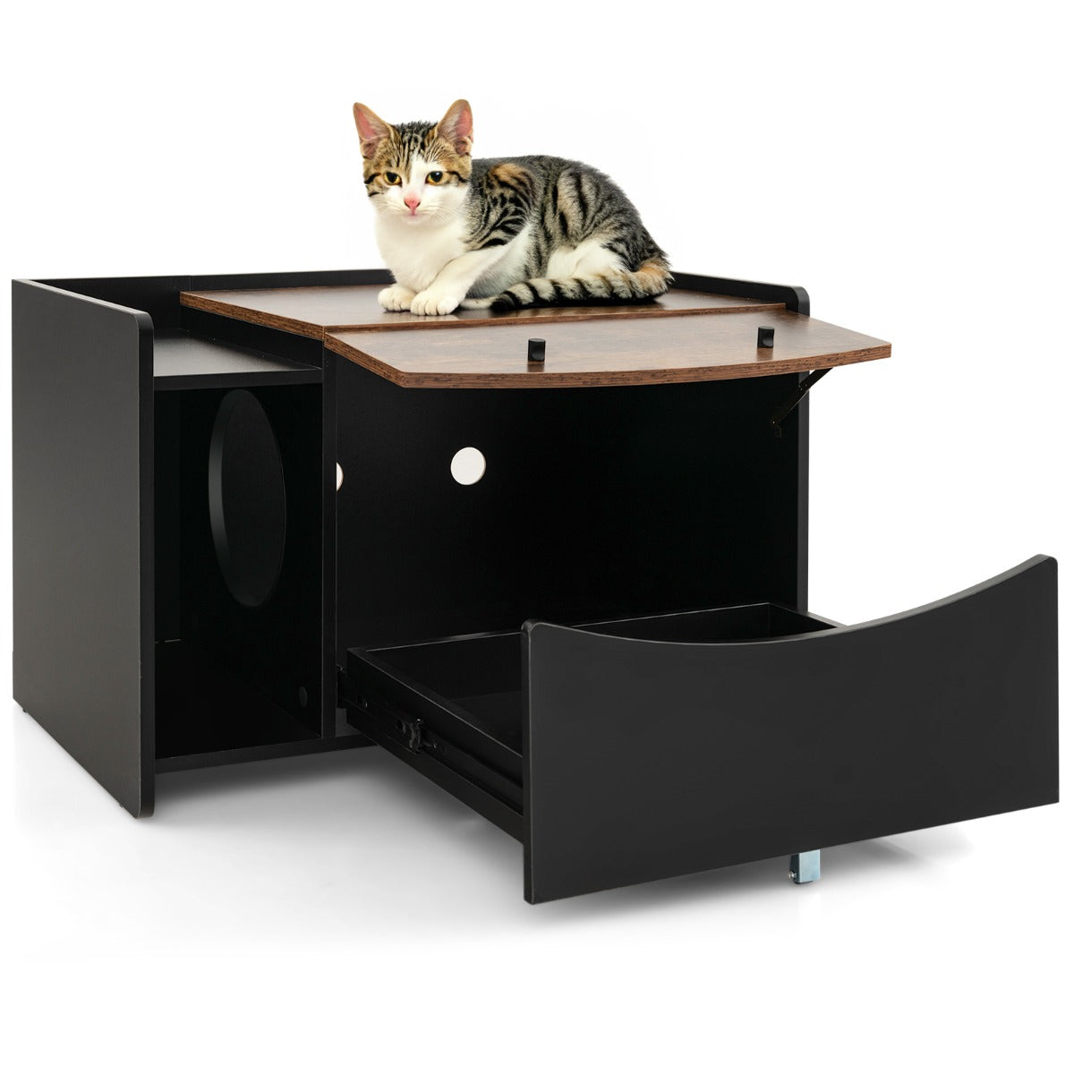 LIVSK Kattenbak met Uittrekbare Lade - Privacy en Ventilatie - Veel Opbergruimte - Voor Gemakkelijk Schoonmaken - Zwart + Bruin