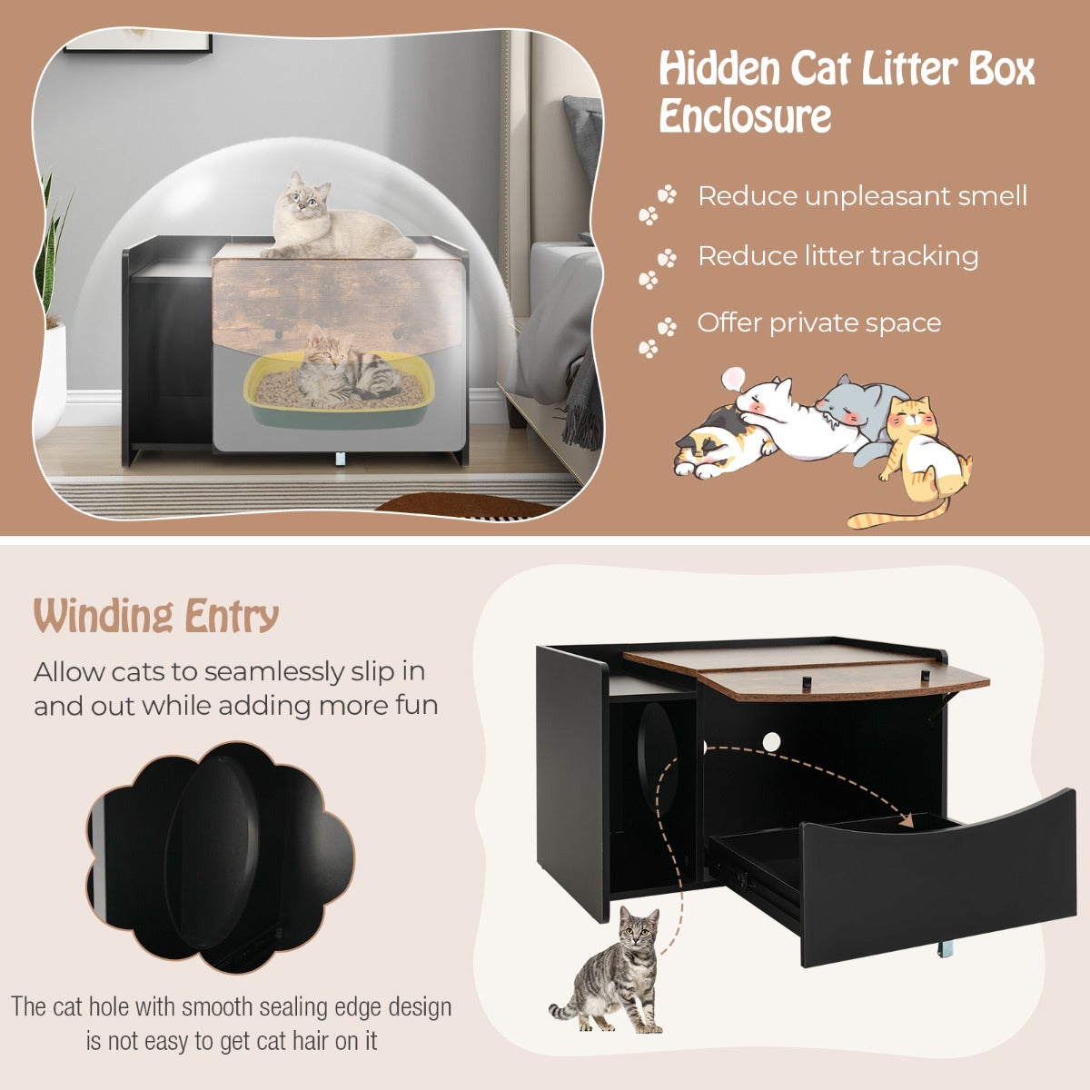 LIVSK Kattenbak met Uittrekbare Lade - Privacy en Ventilatie - Veel Opbergruimte - Voor Gemakkelijk Schoonmaken - Zwart + Bruin