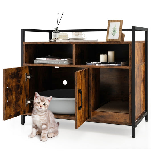 LIVSK kattenbak kast met dubbele deuren - Ventilatiegaten - Opbergruimte - Stabiel MDF en Metaal - Industrieel design - Bruin