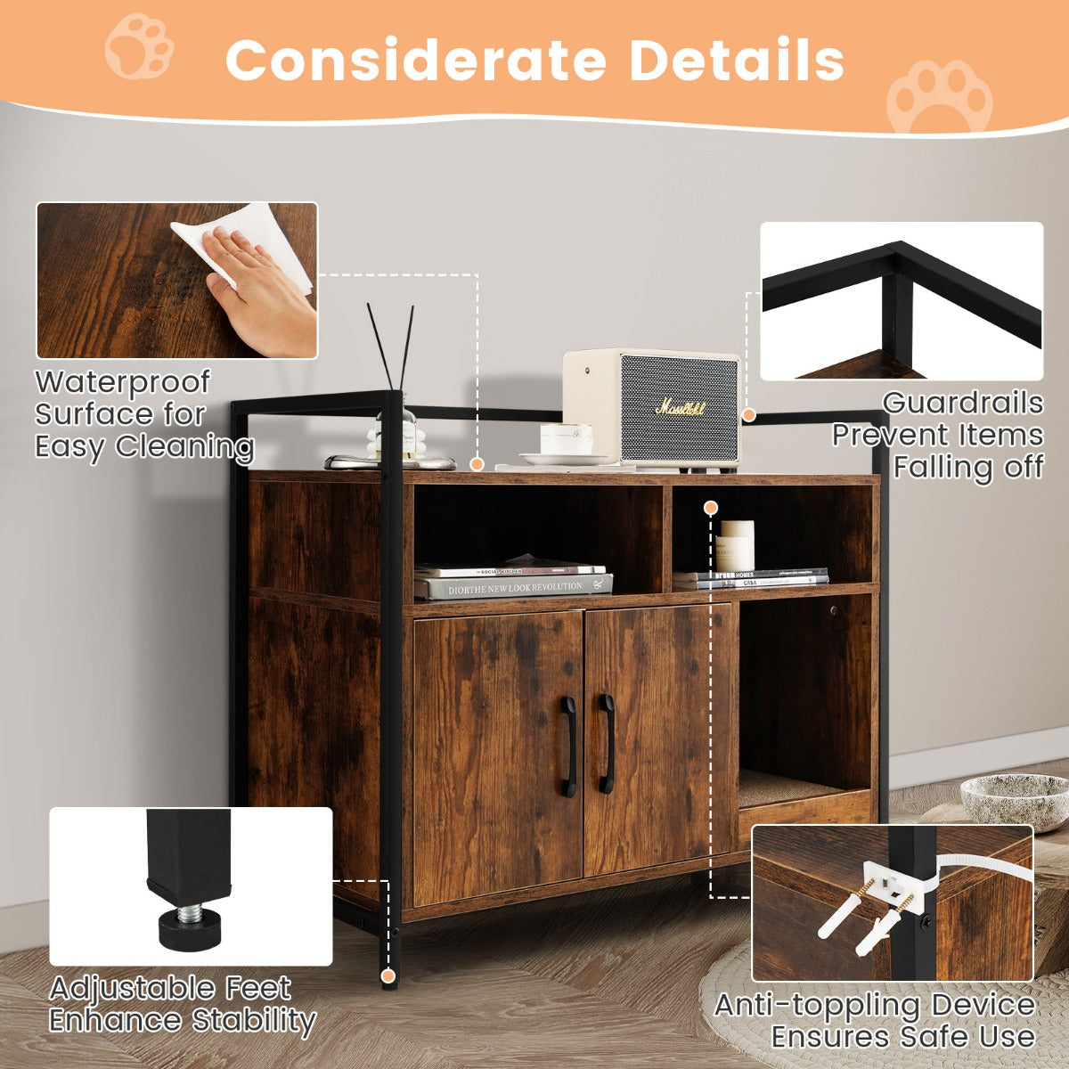 LIVSK kattenbak kast met dubbele deuren - Ventilatiegaten - Opbergruimte - Stabiel MDF en Metaal - Industrieel design - Bruin