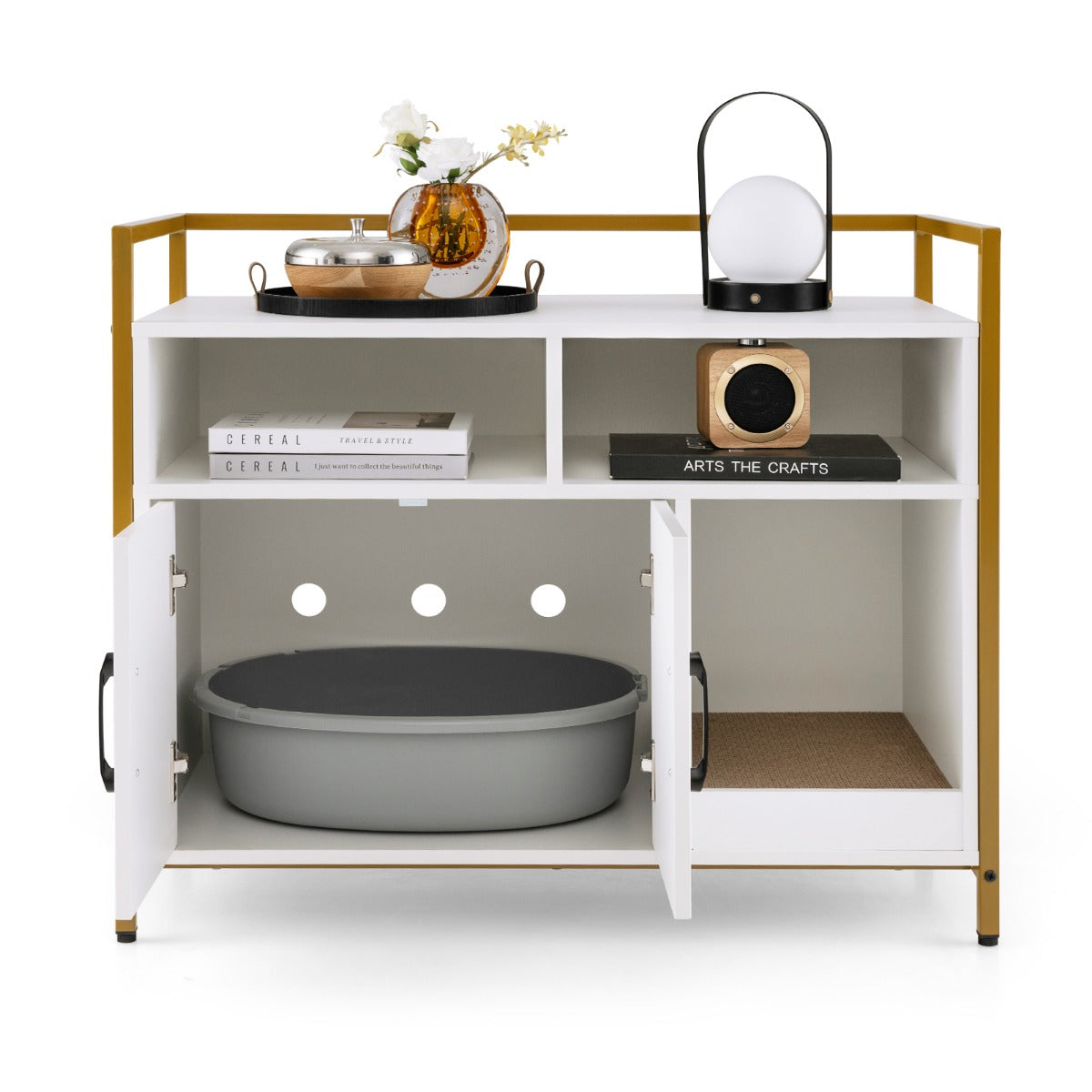 LIVSK Kattenbak Houder - Privacy en Ventilatie - Ruime Planken en Compartimenten - Versterkt Metaal - 90 x 45 x 74 cm - Wit