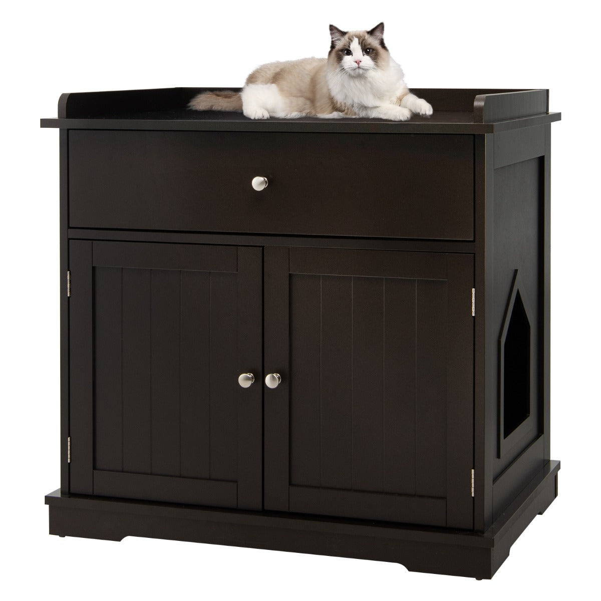 Livsk costway kattenbak verborgen kattenwasruimte meubilair met lade en 2 deuren kattenhuis bijzettafel overdekt kattenhuis opbergkastje koffie 1