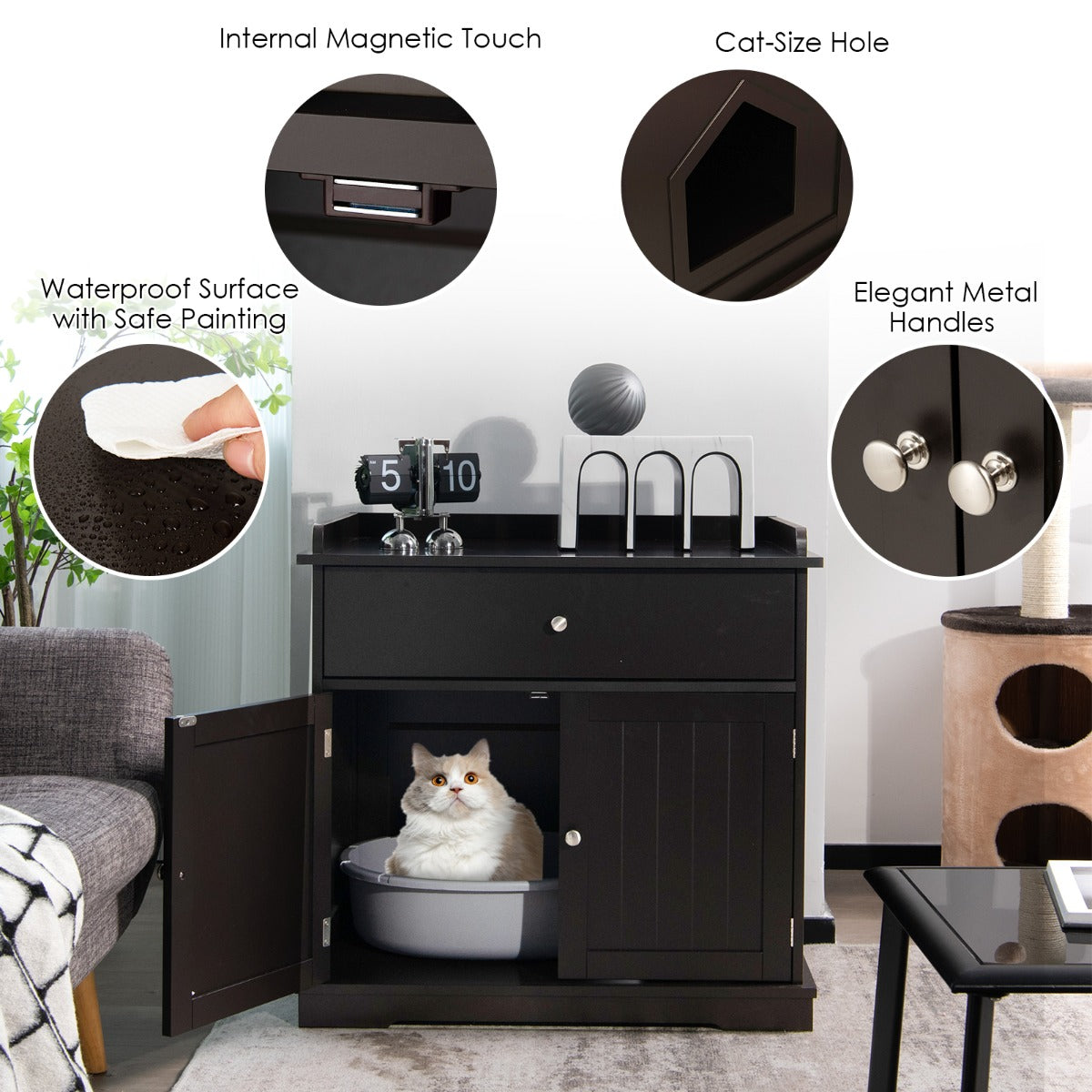 Livsk costway kattenbak verborgen kattenwasruimte meubilair met lade en 2 deuren kattenhuis bijzettafel overdekt kattenhuis opbergkastje koffie