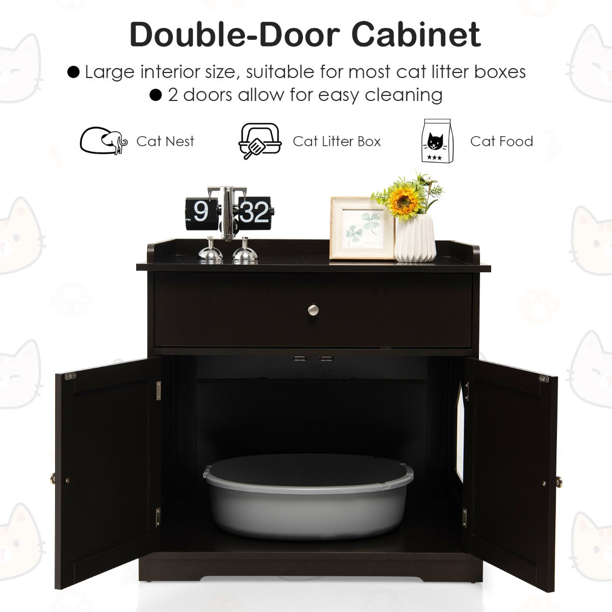 Livsk costway kattenbak verborgen kattenwasruimte meubilair met lade en 2 deuren kattenhuis bijzettafel overdekt kattenhuis opbergkastje koffie
