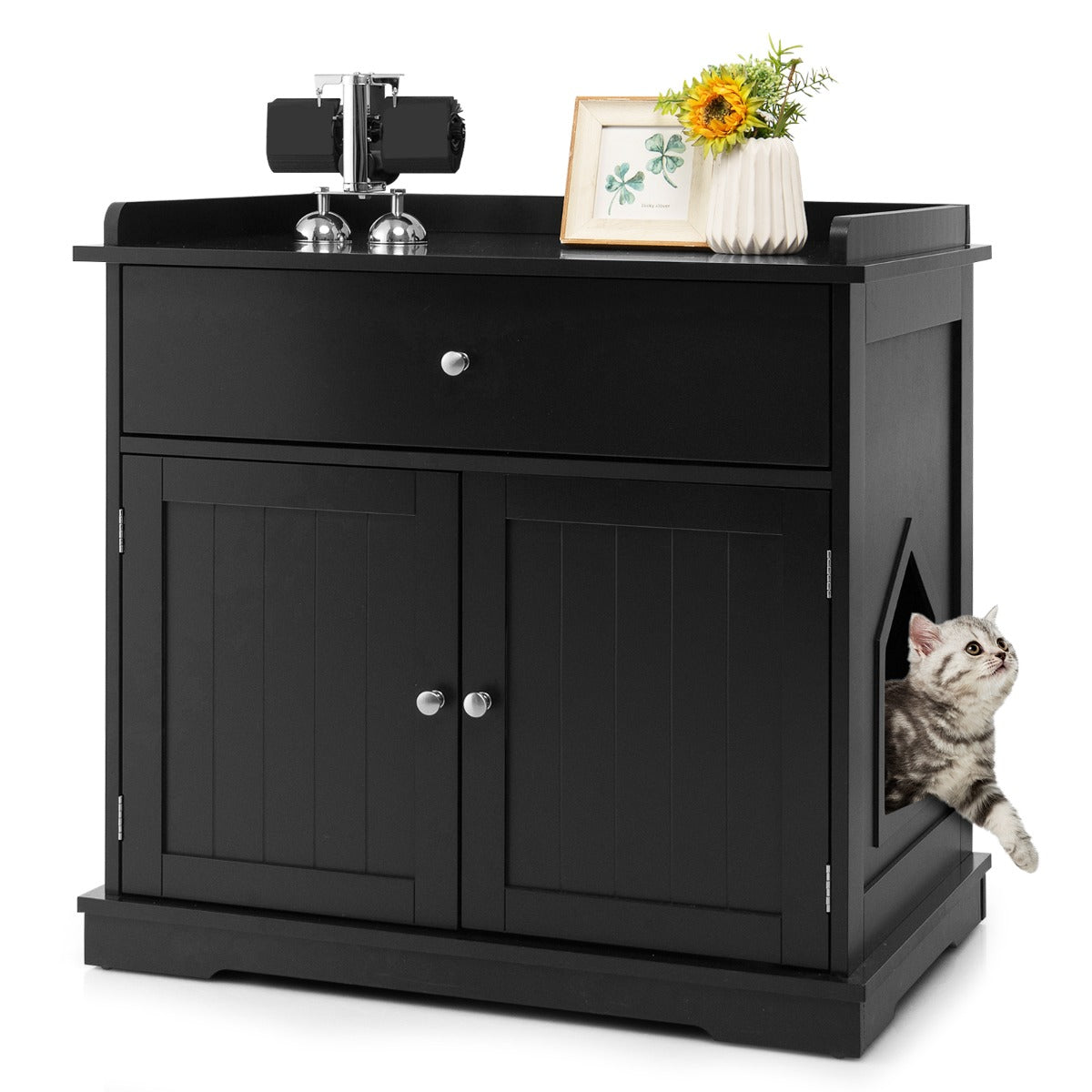 LIVSK Kattenbak Behuizing - Multifunctioneel Meubel - Grote Opbergruimte - Privacy met 2 Deuren - 76 x 53 x 73,5 cm - Zwart