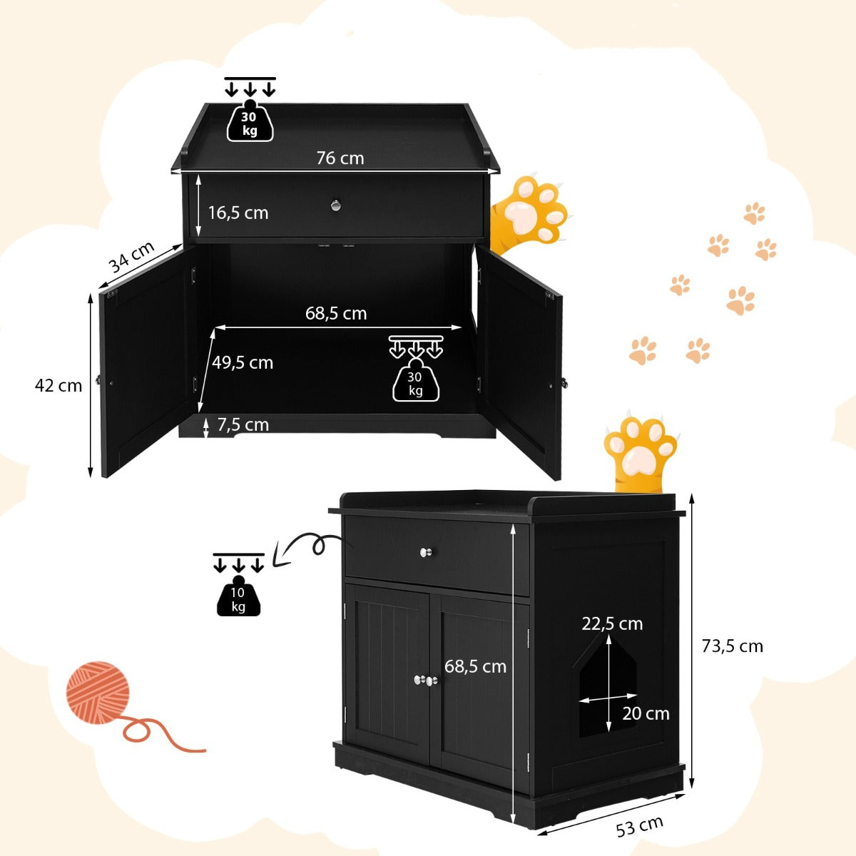 LIVSK Kattenbak Behuizing - Multifunctioneel Meubel - Grote Opbergruimte - Privacy met 2 Deuren - 76 x 53 x 73,5 cm - Zwart