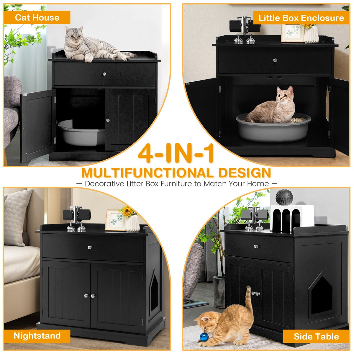 LIVSK Kattenbak Behuizing - Multifunctioneel Meubel - Grote Opbergruimte - Privacy met 2 Deuren - 76 x 53 x 73,5 cm - Zwart