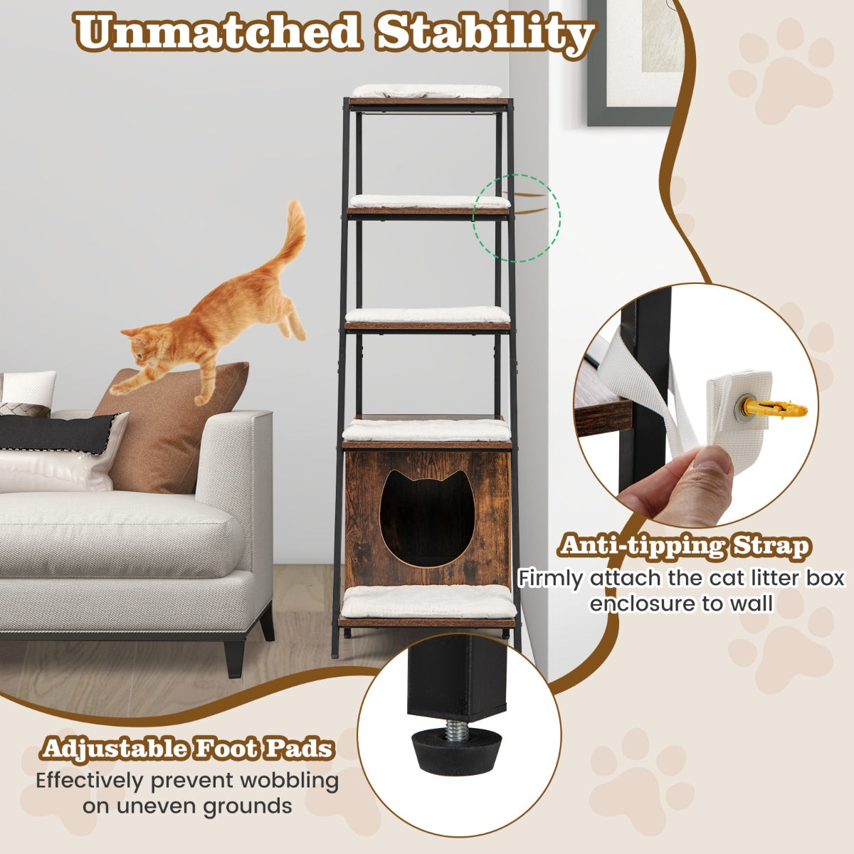LIVSK kattenbakkast met opbergruimte - Dubbele deur - Ventilatieopeningen - 5 legplanken - Verstelbare poten - Rustiek bruin