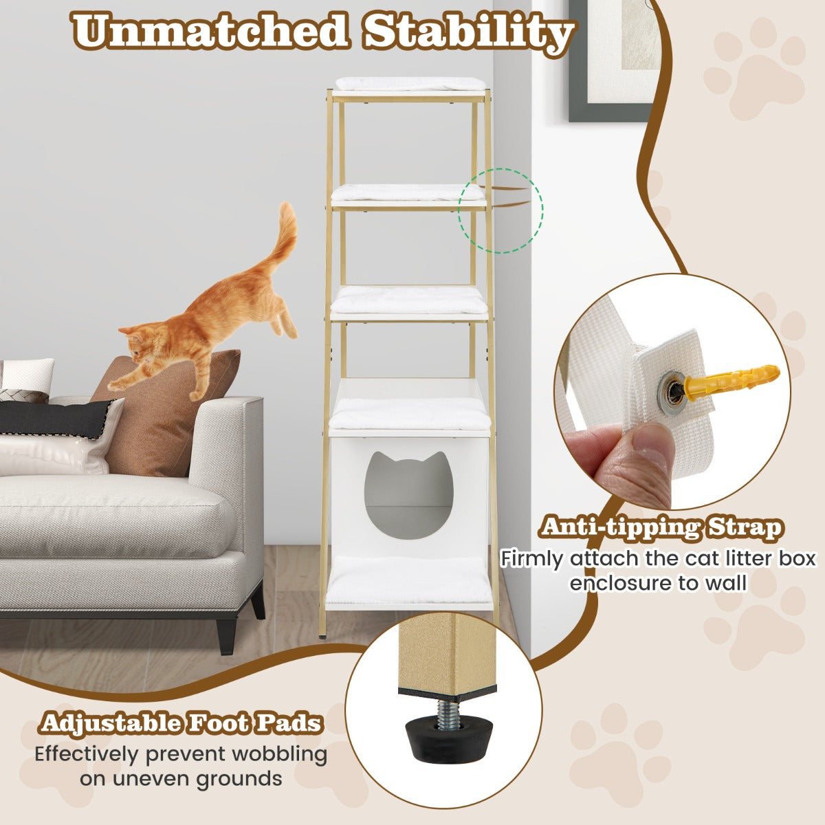 LIVSK kattenbakkast met opbergruimte - 5 planken - Ventilatieopeningen - Verstelbare poten - 92,5 x 49 x 149 cm - rustiek bruin +