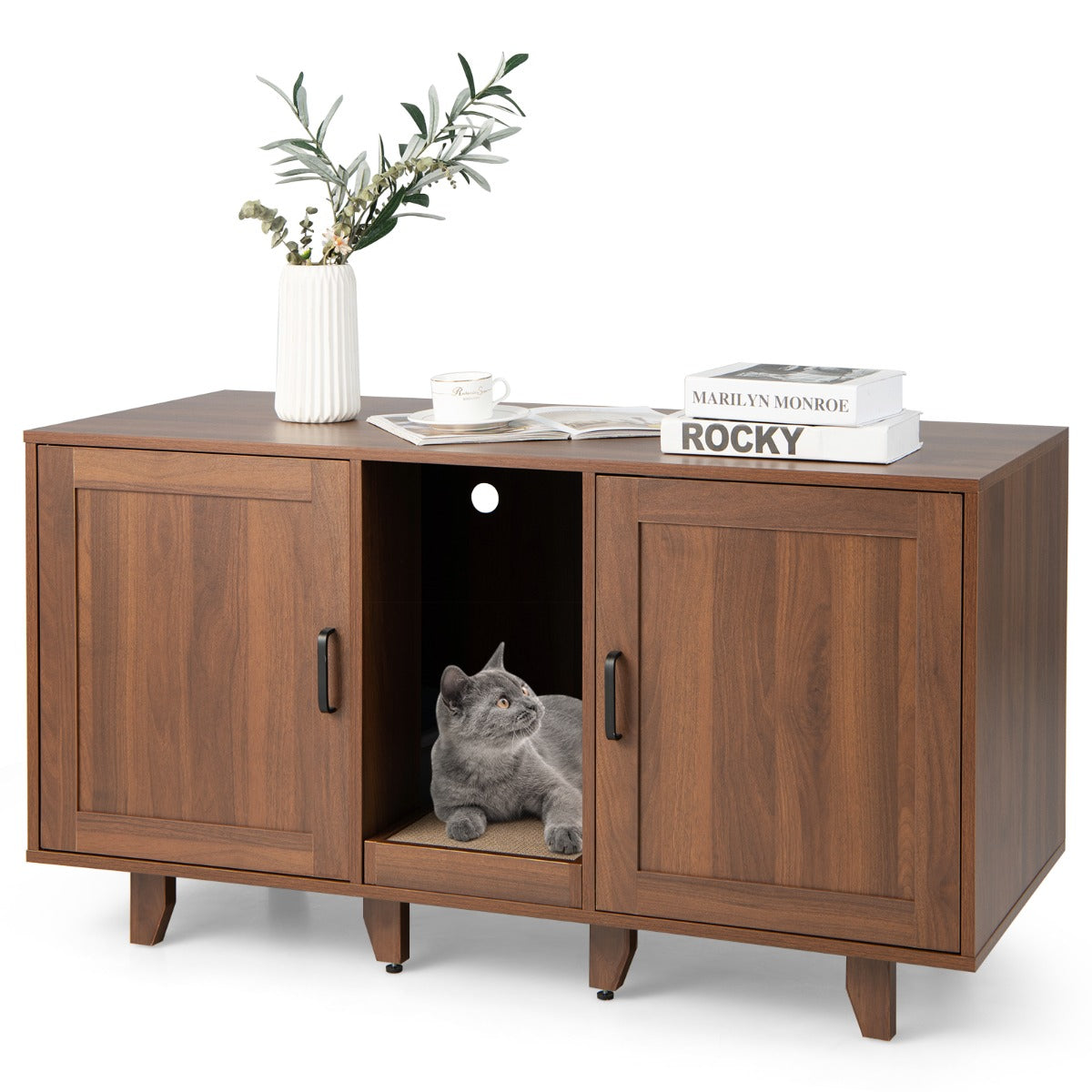 LIVSK Kattenbak Kast - Multifunctioneel Meubel - Privacy voor Kat - Krabplank - Geschikt voor TV's tot 50 inch - Koffie