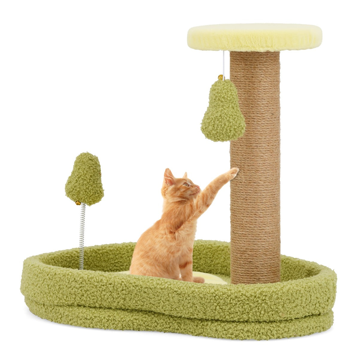 LIVSK Kattenbed met Avocado Veerspeelgoed - Gevoerd Platform - Jute Krabpalen - Antislipbasis - Compact - 50 x 35 x 42 cm - Groen