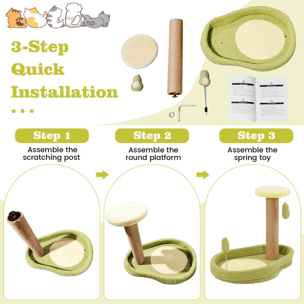 LIVSK Kattenbed met Avocado Veerspeelgoed - Gevoerd Platform - Jute Krabpalen - Antislipbasis - Compact - 50 x 35 x 42 cm - Groen
