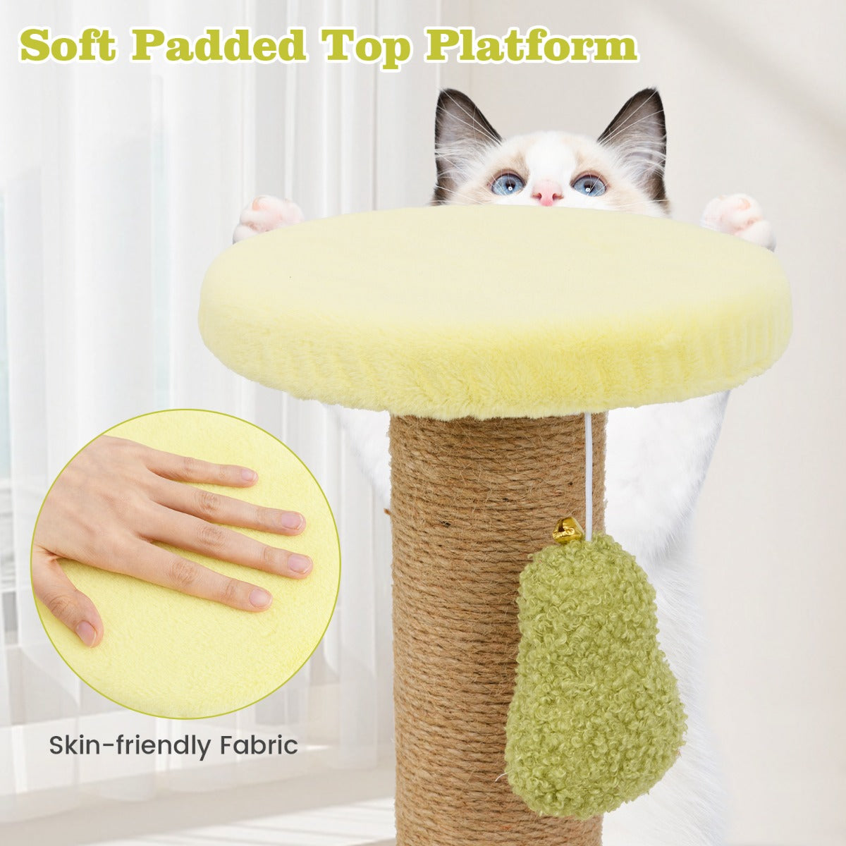 LIVSK Kattenbed met Avocado Veerspeelgoed - Gevoerd Platform - Jute Krabpalen - Antislipbasis - Compact - 50 x 35 x 42 cm - Groen