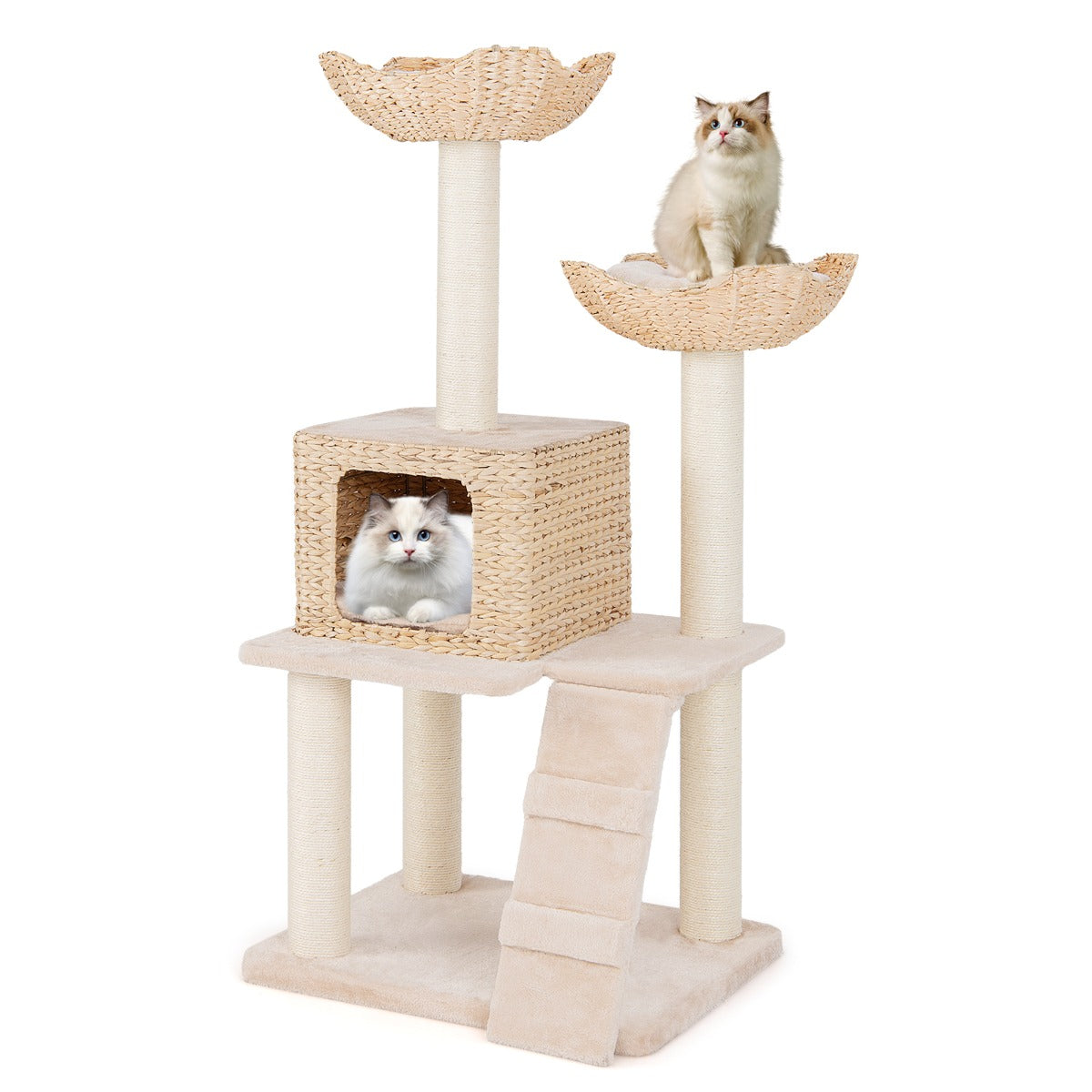 LIVSK Houten Krabpaal met 4 Niveaus - Natuurlijke Sisal Krabpalen - Zitstok en Privé Condo - Comfortabele Kussens - Beige +