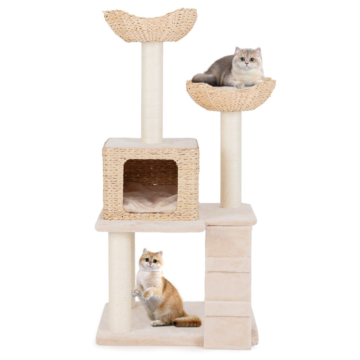 LIVSK Houten Krabpaal met 4 Niveaus - Natuurlijke Sisal Krabpalen - Zitstok en Privé Condo - Comfortabele Kussens - Beige +
